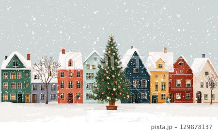 christmas tree in village in snowy winter illustration christmas tree in village in snowy winter illustration 129878137