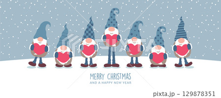 cute dwarf holding hearts and snowy landscape christmas greeting card vector illustration 129878351