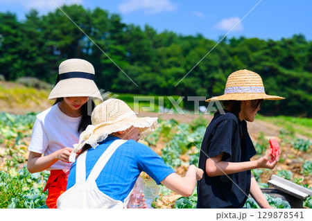 夏の高原で麦わら帽子をかぶった小学生の女の子がスイカを持つ風景 129878541