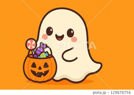ハロウィンのかぼちゃと黄色い帽子を被った笑顔のパンダ 129878758