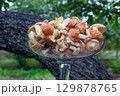 Glass Vase Filled with Suillus Mushrooms Outdoors in Garden Background 129878765