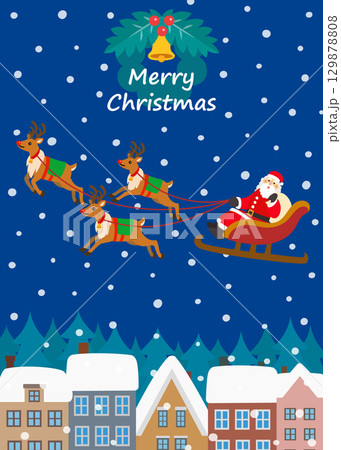 クリスマス素材　雪降る街中を行くトナカイとサンタクロース 129878808