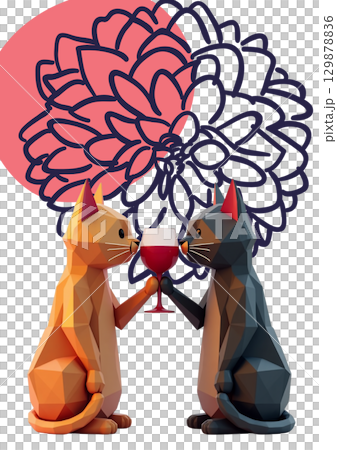 猫ちゃん2匹　記念日にワイングラス持ってお祝い　イラスト 129878836
