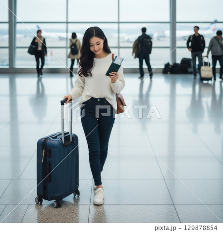 空港内のロビーをスーツケースを引いて歩く若い日本女性 129878854