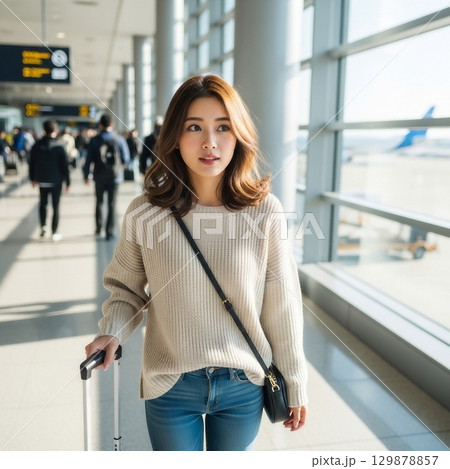 空港内のロビーをスーツケースを引いて歩く若い日本女性 129878857