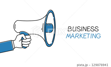 Minimalist vector outline megaphone with business marketing inscription in whiteboard sketch style. Ideal for ads, sales, and web. Perfect for presentations, infographics, and icon packs. 129878941