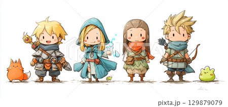 ファンタジー風のかわいい冒険者キャラクターイラスト 129879079