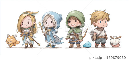 ファンタジー風のかわいい冒険者キャラクターイラスト 129879080