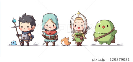 ファンタジー風のかわいい冒険者キャラクターイラスト 129879081