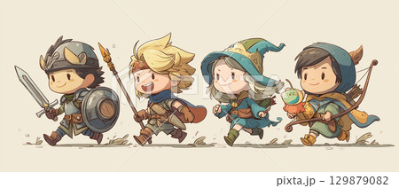 ファンタジー風のかわいい冒険者キャラクターイラスト 129879082