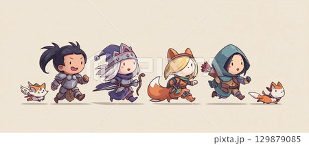 ファンタジー風のかわいい冒険者キャラクターイラスト 129879085