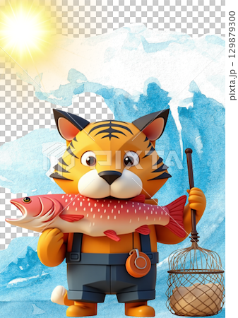 トラ猫ちゃん餌を取りに海に片手にはタモ網と釣った魚　イラスト 129879300