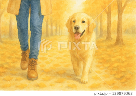 落ち葉の道を歩くゴールデンレトリバー 129879368