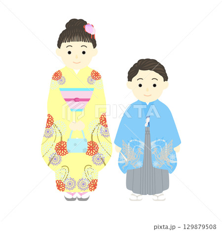 七五三_袴姿の男の子と着物姿の女の子 129879508