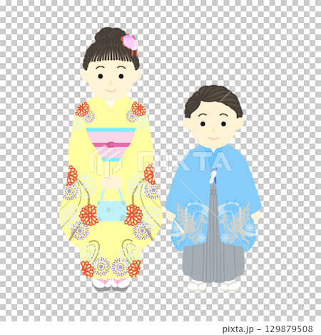 七五三_袴姿の男の子と着物姿の女の子 129879508