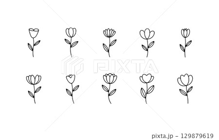 Collection of simple line drawings of flowers showcasing various shapes and sizes in a minimalist style 129879619