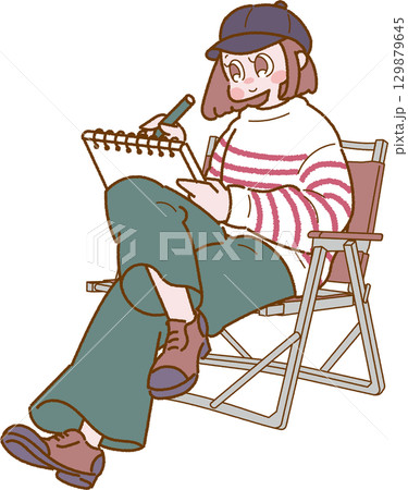 椅子に座ってスケッチをしている女性のイラスト 椅子に座ってスケッチをしている女性のイラスト 129879645