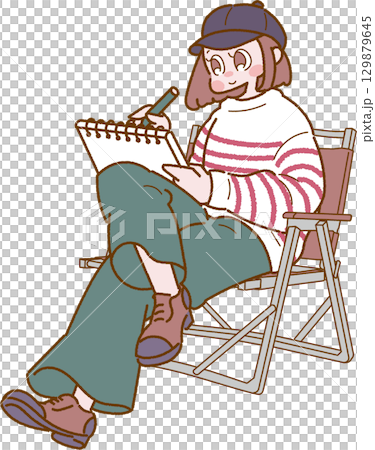 椅子に座ってスケッチをしている女性のイラスト 椅子に座ってスケッチをしている女性のイラスト 129879645