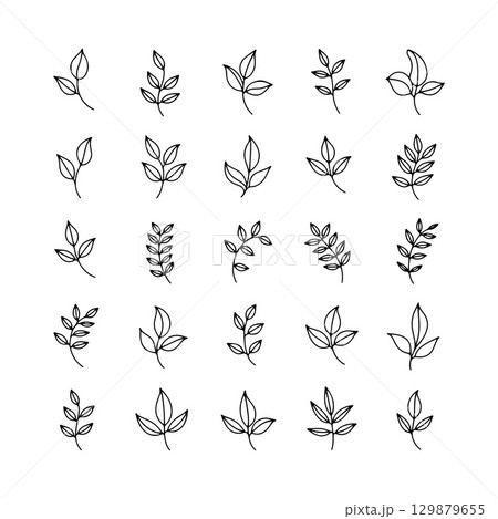 Collection of hand-drawn leaf designs on a white background showcasing a variety of shapes and styles 129879655