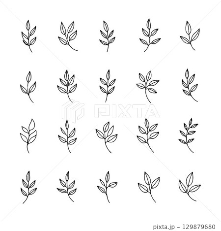 Collection of hand-drawn leaf illustrations in various styles on a clean background depicting nature themes 129879680