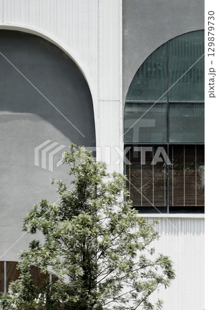 Real photo modern building neutral white green plant botanical exterior urban city metropolitan Real photo modern building neutral white green plant botanical exterior urban city metropolitan 129879730