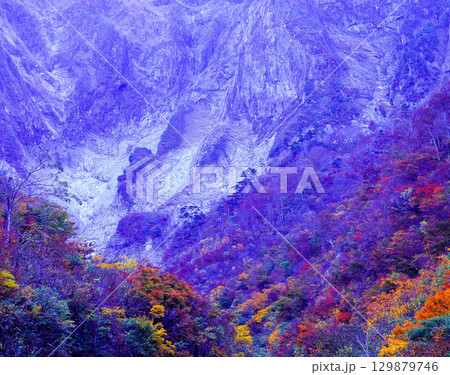 紅葉の谷川にて岩壁に迫る 紅葉の谷川にて岩壁に迫る 129879746