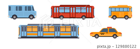 Bus, Taxi and Tram as Passenger City Transport Vector Set Bus, Taxi and Tram as Passenger City Transport Vector Set 129880122