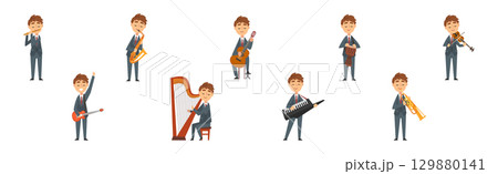 Man in Suit Playing Musical Instrument on Stage Vector Set Man in Suit Playing Musical Instrument on Stage Vector Set 129880141