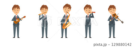 Man in Suit Playing Musical Instrument on Stage Vector Set Man in Suit Playing Musical Instrument on Stage Vector Set 129880142