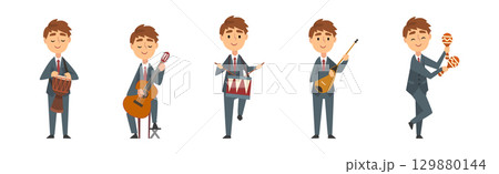 Man in Suit Playing Musical Instrument on Stage Vector Set 129880144