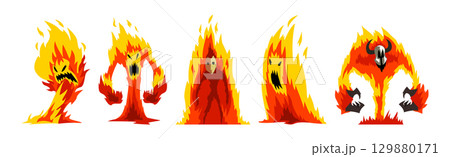 Funny Fearsome Fire Monster and Mythical Creature Vector Set 129880171