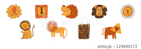 Funny Lion with Pretty Muzzle and Mane Vector Set 129880172