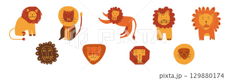 Funny Lion with Pretty Muzzle and Mane Vector Set 129880174