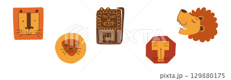 Funny Lion with Pretty Muzzle and Mane Vector Set 129880175