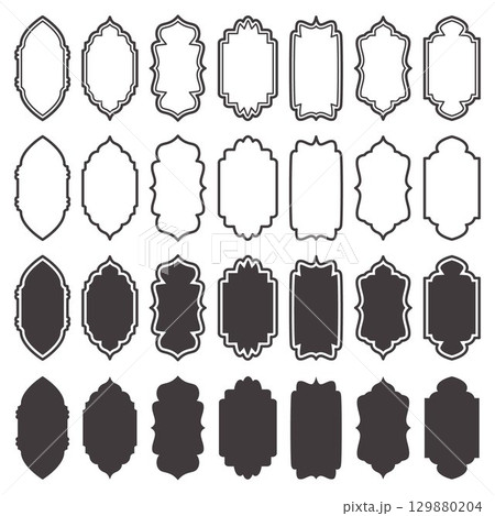 Ramadan frame shapes set. Indian window design. Turkish Islamic arch with ornament. Vector arabesque door icons. Muslim oriental architecture elements. Label sticker silhouettes. Traditional signs. 129880204