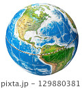Globe with world map isolated on white background, PNG transparent clipart. 129880381