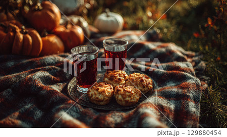 Cozy autumn picnic scene with glasses of apple cider and scones on plaid blanket surrounded by pumpkins 129880454