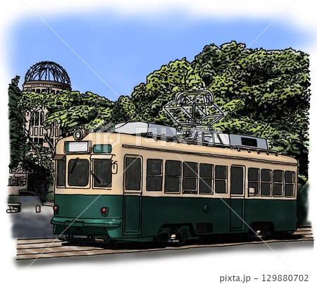 街中を走る路面電車のペン画イラスト 129880702