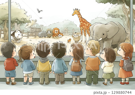 子どもたちが動物園で動物を観察している遠足・校外学習 129880744
