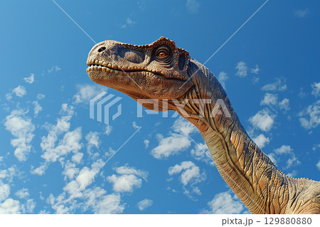 青空に映える恐竜の上半身アップCGイラスト 129880880