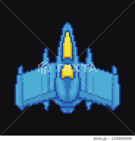Pixel art blue spaceship video game asset. 8-bit style starship vector isolated on black. Pixel art blue spaceship video game asset. 8-bit style starship vector isolated on black. 129880909