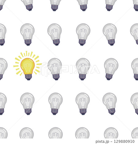 Pixel art seamless pattern with many gray light bulbs and one yellow glowing bulb. Concept of idea, inspiration and creativity. Innovation vector illustration. Pixel art seamless pattern with many gray light bulbs and one yellow glowing bulb. Concept of idea, inspiration and creativity. Innovation vector illustration. 129880910