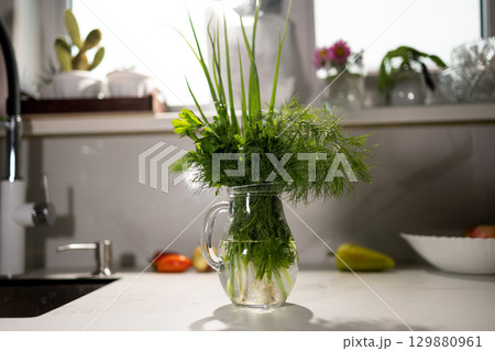 Fresh Herbs in a Glass Jar Placed on a Kitchen Counter With a Modern Decor Fresh Herbs in a Glass Jar Placed on a Kitchen Counter With a Modern Decor 129880961