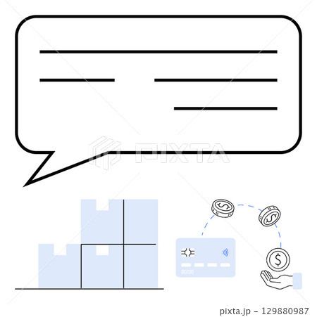 Speech bubble above stacked boxes, card with wireless symbol, coins moving into hand. Ideal for e-commerce, logistics, payment processing, delivery services, online retail, shipping business 129880987