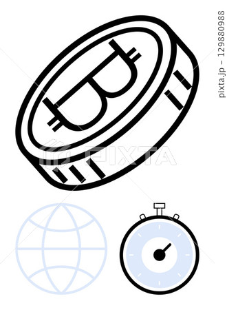 Cryptocurrency coin globe network symbol and stopwatch. Ideal for finance, technology, investment, globalization, digital transformation, time management, efficiency. Line metaphor Cryptocurrency coin globe network symbol and stopwatch. Ideal for finance, technology, investment, globalization, digital transformation, time management, efficiency. Line metaphor 129880988