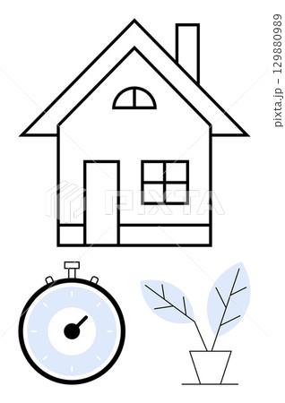 House with windows and chimney stopwatch displaying time, and potted plant with leaves. Ideal for themes of home, time, growth, stability, planning, and nature. Line metaphor House with windows and chimney stopwatch displaying time, and potted plant with leaves. Ideal for themes of home, time, growth, stability, planning, and nature. Line metaphor 129880989