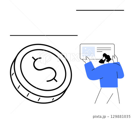 Businessman presenting financial data on a tablet with large dollar coin representing currency. Ideal for finance, presentations, economy, savings, investments, business strategies, corporate 129881035
