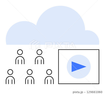 Cloud, six people icons, video play button inside rectangle. Ideal for remote learning, virtual meetings, cloud computing, digital collaboration, online training, streaming services, digital content 129881060