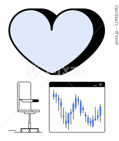 Large blue heart icon, modern adjustable office chair, and stock market chart with candlestick graph. Ideal for business, finance, love, health, technology productivity and modern life themes. Line 129881061
