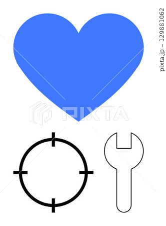 Blue heart, black target reticle, and wrench icons convey themes of love, precision, and repair. Ideal for relationships, technical work, self-improvement, healthcare goals maintenance Blue heart, black target reticle, and wrench icons convey themes of love, precision, and repair. Ideal for relationships, technical work, self-improvement, healthcare goals maintenance 129881062